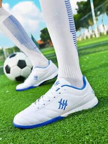 1 Pair Adult & Youth Low-Top Outdoor Soccer Cleats, Football Training Shoes, Non-Slip, Durable, AG, FG, Natural Grass, Soft Ground, Leather, Lace-Up, Lightweight, High-Performance Anti-Slip Design, Size 33-45, 4 Color Options - White and Blue - View 6