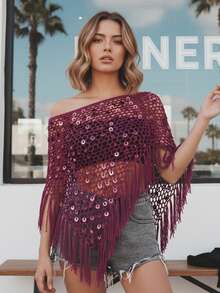 Sequin Crochet Cover Up For Women Hollowed Tassel Off Shoulder Knitted Poncho  Coverup Tops - 酒紅色 - 查看 2