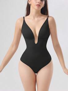 Deep V-Neck Jumpsuit, Waist Slimming, Backless Design, Body Shaping Shapewear - Black - View 3