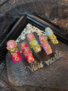 10pcs Long Square Nails,Pink&Rose Red&Blue&Gold French Tie Dye Nail Art, White French, 3 DThree Dimensional Heart&Chain Beads&Steel Balls&Gemstone Nail Decoration Accessories,Hand-Painted Water Droplets&Geometric Patterns,Y2k Style Nail Art Set,Suitable For Women To Wear Daily Parties Valentine's Day (Includes: A Piece Of Jelly Glue And A Friction Strip) - Pink - View 4