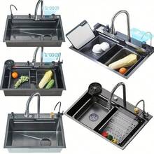 Gray Recessed Waterfall Kitchen Sink Workstation Recessed Kitchen Sink Stainless Steel Sink Multifunctional Single Bowl Kitchen Sink Smart Display With Faucet And Cup/Soap Dispenser - Grey - View 2