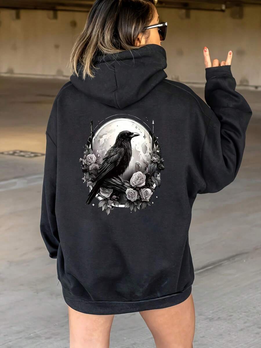 Women's Black Raven & Roses Graphic Print Hoodie - Black - View 1
