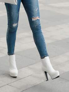 Bottes courtes à talons compensés et plateforme imperméables pour femmes, confortables et sexy. Nouvelles bottes à plateforme à semelle épaisse et imperméables pour la runway, automne/hiver - Blanc - Voir 6