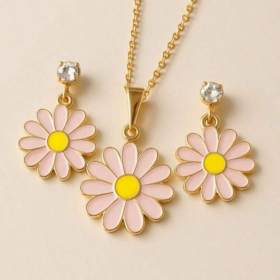 White And Pink Daisy Necklace + Earring Kit Gold Plated - 玫瑰 - 查看 1