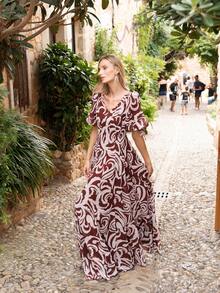 Faeriesty Vestido maxi de gasa elegante estampado, diseño de escote en V profundo, mangas cortas abullonadas - Una mezcla perfecta de clásico y moderno, vestido de gala de longitud hasta el suelo, adecuado para bodas en la playa, fiestas de jardín, ceremonias al aire libre y cenas románticas. Fiesta de primavera - Café integral - Ver 8