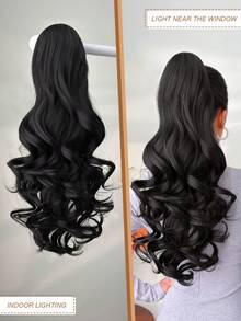 Extensiones de cabello con cola de caballo de 24 pulgadas, onduladas y naturales, de fibra sintética suave y natural resistente al calor, adecuadas para uso diario de mujeres, en colores variados - Negro - Ver 6