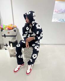 Denim T Gothic Peony Print Sweatsuit Set 2025, Hip Hop Streetwear Oversized Hoodie & Joggers, Y2K Retro Graphic Lounge Set, Unisex Autumn Winter Daily Wear  Plants  Graphic Tees Hoodies For Men  Spring/Fall  Summer    Loose    Pocket  Drawstring    Halloween  Christmas - 黑灰色 - 查看 3