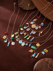 1件装女士时尚波西米亚风仿真食物系列披萨面包虾汽水樱桃吊坠项链，采用18K镀金工艺，凸显女性魅力，适合日常佩戴、海滩装扮、社交和派对场合。也可作为护身符或音乐节配饰。女士珠宝。 - 彩色 - 查看 5