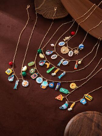 1pc Women's Fashion Bohemian Style Imitation Food Series Pizza Bread Shrimp Soda Cherry Pendant Necklace, Made With 18K Gold Plating Technology, Highlighting Female Charm, Suitable For Daily Wear, Social And Party Occasions. It Can Also Be Used As A Talisman Or Music Festival Accessory. Ladies' Jewelry.