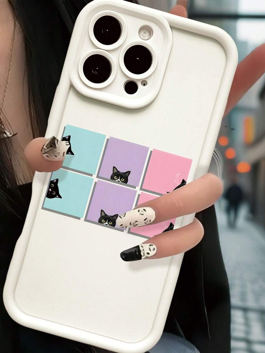 Funda de Teléfono Antigolpes y Antideslizante con Patrón de Bloque de Gato, Compatible con iPhone 17 Pro Max, 16/15/14/13/12/11/XS/XR/X/7/8/Mini/Plus/Pro Max/SE, y Galaxy A15 A16 A55, Nueva Funda de Teléfono Premium a la Moda, Protección Completa de 360 Grados, Adecuada para Regalos de Halloween y Navidad para Amigos y Parejas - Blanco - Ver 1