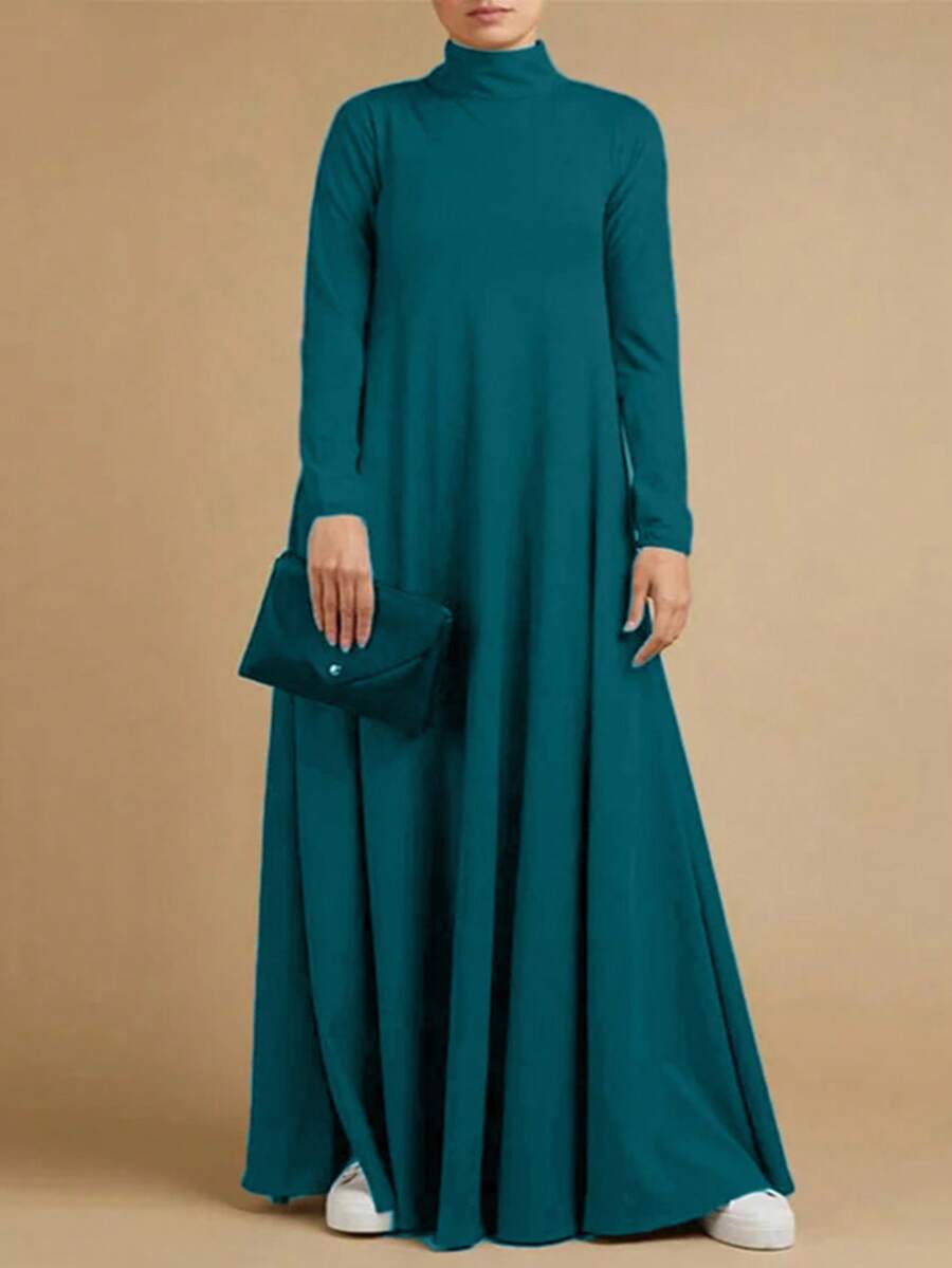 女士长袖高领纯色休闲摆裙T恤裙（带口袋） - 藍色 - 查看 1