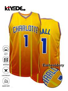 KTYSDE Men's #1 Retro Basketball Jersey, Charlotte Letter Embroidery Loose Fit V-Neck Sleeveless Sports Top, Suitable For Basketball Training, Matches, Sports Running, Street Fashion, Unisex - Yellow - View 1