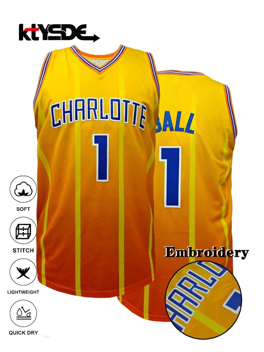 KTYSDE Men's #1 Retro Basketball Jersey, Charlotte Letter Embroidery Loose Fit V-Neck Sleeveless Sports Top, Suitable For Basketball Training, Matches, Sports Running, Street Fashion, Unisex - Yellow - View 1