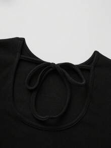 Da Jade Women Fall Elegant French Long Flare Sleeve Ribbed Knit Top Contrast Ruffle Trim Back Cutout Tie Slim Crop Top For Ceremony Christmas Halloween - Black - View 5
