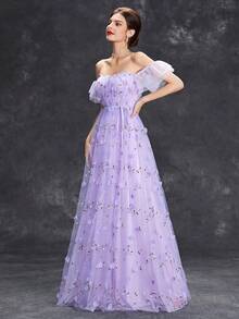 Off-The-Shoulder 3D Embroidered Lace Wedding Dress With Delicate Straps And A Full Skirt - Mauve Purple - View 6