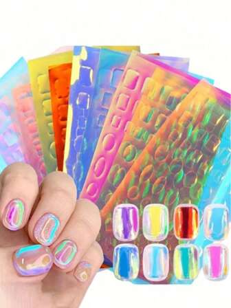 3 Pieces Of Transparent Aurora Ice Cube Nail Art Stickers - 3D Cellophane Holographic Ice Cube Phone Transfer Decals & Nail Art Glitter - Self-Adhesive Rainbow Reflective Korean-Style Nail Film Decals & Nail Stickers For Nail Decoration