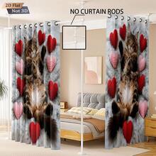 2pcs/Set Valentine's Day Heart Design (2-Panel Split): Colorful Heart & Kitten Printed Blackout Curtains, Suitable For Living Room And Bedroom, Made Of Polyester Fabric, Machine Washable, Home Decor - 2132+DKCL - View 4