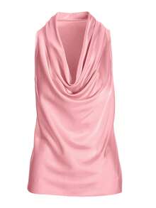 Women Satin Halter Tank Tops Fitted Solid Color Cowl Neck Sleeveless Shirts  Summer Streetwear - 粉色 - 查看 5