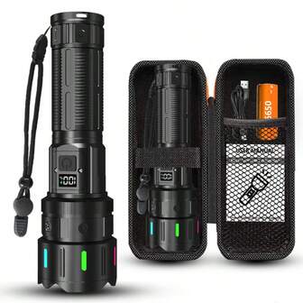 1 PIEZA Linterna de aleación de aluminio LED, 1000 lúmenes, con zoom ajustable de forma flexible, luz táctica recargable portátil, alcance de 300-500m, larga distancia, 5 modos, USB tipo C, pantalla digital de energía, linterna multifuncional para exteriores, viajes, campamentos, emergencias - Caja de color / Caja de regalo.