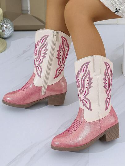 1 Pair Children's Gold Vintage Embroidered Pointed Toe Side Zipper Western Cowboy Boots, Suitable For Outdoor, Daily, Party, Banquet, Winter Fashion Versatile Tall Boots