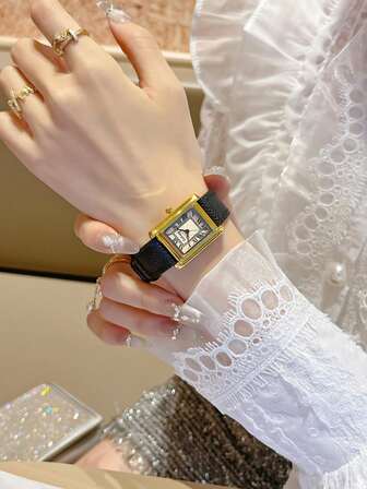 1 Pc Women's Elegant Fashion Bar Scale Dial Leather Strap Quartz Watch, Suitable For Daily Matching, Birthday, Gift For Her, Anniversary,New Year Gift.