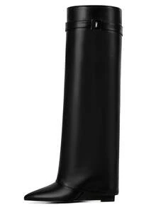 Womens New Fashionable Fold Over Boots Pointed Toe Wedge Heel Pull On Knee High Boots For Women Wide Calf With Side Zipper Padlock Design Cuffed Covered Vintage Fashion Wedding Slip On Party Shoes Work Business Casual Black Shark Booties Easter Gift Spring Festival Summer Boots Leather Folded Black Booties Shoes - Đen không khóa - Xem 7