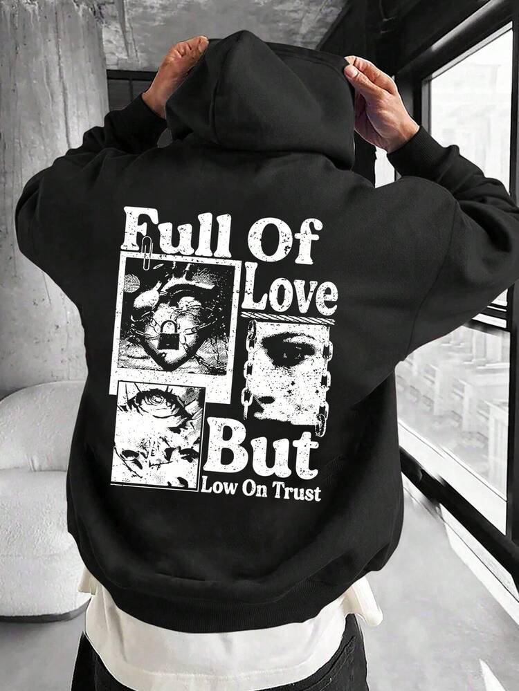 260g hoodie/1 piece/100% polyester, fashionable and fun printed hoodie, with pockets, men's casual long-sleeved drawstring hoodie, autumn and winter. - Negro - Añade 1