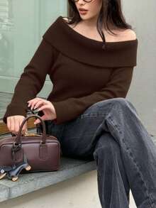 Women's Spring Valentine's Day Casual Off Shoulder Knit Sweater, Brown Long Sleeve Cute Pullover - Brown - View 8