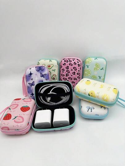 1 pieza Estuche con cremallera para auriculares con diseño de frutas lindo hecho de material EVA, caja de almacenamiento de cargador de diseño interesante, adecuado para AirPods, auriculares Bluetooth, cables, unidades USB y otros pequeños electrónicos, anti-caída, organizador de accesorios digitales multifuncional, monedero de viaje portátil para vacaciones, organizador de cables para actividades al aire libre, accesorios de cargador, artículos esenciales de viaje