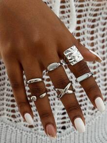 6pcs/8pcs Set Minimalist Chic Metal Geometric Open Band Rings, Unique Personalized Versatile Rings, Perfect Gift For Daily, Casual, Date, Shopping - Multicolor - View 11