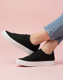 Women's Casual Sneakers, Comfortable, Modern, Non-Slip, Affordable, Gym, Orthopedic, Nursing, Lace-Up, Micro-Expanded Canvas - 黑色 - 查看 2