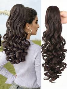 20-24 Inch Long Wavy Synthetic Hair Ponytail Extensions, Claw Clip On, Light Brown Color, Suitable For Women's Daily Wear - Rust Brown - View 7