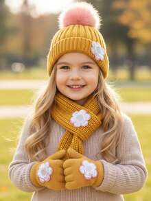 1 zestaw dziecięcy z dzianiny z cekinami i kwiatami: czapka, szalik i rękawiczki, 3 sztuki - 3 szt - Zobacz 4