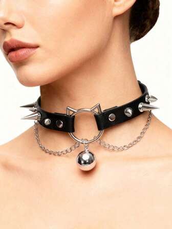 1個 新作ファッション猫耳PUレザーチョーカーネックレス、女性用チョーカーネックレスアクセサリー、パンクネックストラップ、ウェディングブライダルジュエリーギフト