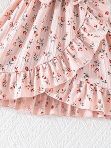 Young Girls' Elegant Floral Print Dress, Summer - Coral Pink - View 6