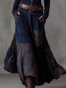 Female  Lady's Autumn Vintage Dress, With Checked Patchwork Design, Exudes A Vintage Charm. It Features Pockets, Buttons And A Belt. Ideal As A Christmas Gift Or For . - 藏青色 - 查看 4