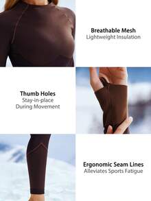 Leorrey One Set Women's Seamless Fashion Versatile Round Neck Contrast Color Fitted Long Sleeve High Waist Long Pants Sports Ski Clothes Winter - Coffee Brown - View 5