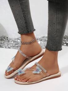 2026 Spring/Summer New Transparent Strap EVA Women Flat Sandals, Butterfly Decor, Rhinestone Rivet, Vacation Beach Sandals - Clear - View 4