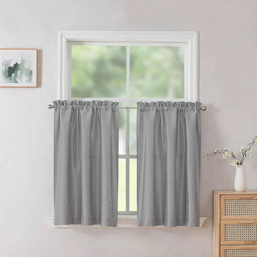 Uptown Silver Grey Kitchen Tier Curtains 36 Inch Length 2 Panels, Faux Silk Room Darkening Privacy Short Curtains For Small Window Farmhouse Bedroom Basement Bathroom, Each 30x36 Inch,SilverGray30inchWx36inchLPackof2 - 銀灰色30吋寬x36吋長2個裝 - 查看 1