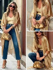 Spring, Summer And Autumn Mesh Beach Cover-Up Top With Perspex View, Sun Protection Beachwear Cardigan, Bikini Outer Cover-Up - 金色 - 查看 1