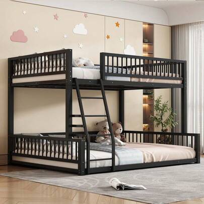 MERAX Full XL Over Queen Floor Bunk Bed Frame With Ladder And Safety Guardrails, Easy Assemble, Black