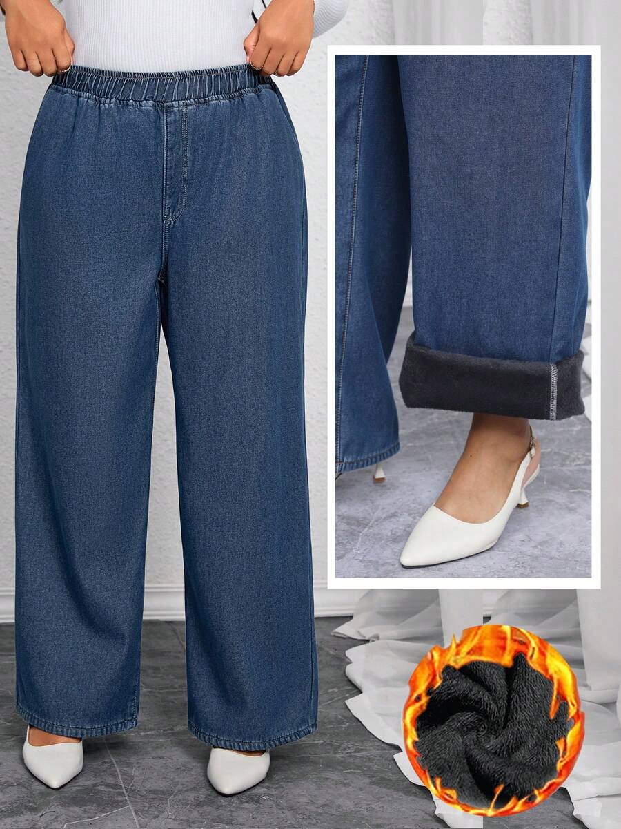 Elastic Waistlined Elegant Denim Pants Straight-Leg New Year Long Trousers Casual Winter Outfit For Women Plus Size Daily Wear High Waisted Jeans