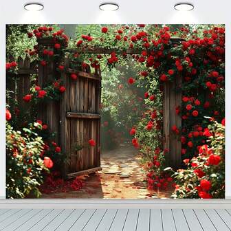 1pc Spring Garden Red Rose Photography Backdrop, Backyard Wooden Fence Landscape Floral Wedding Portrait Valentine's Day Photo Shoot