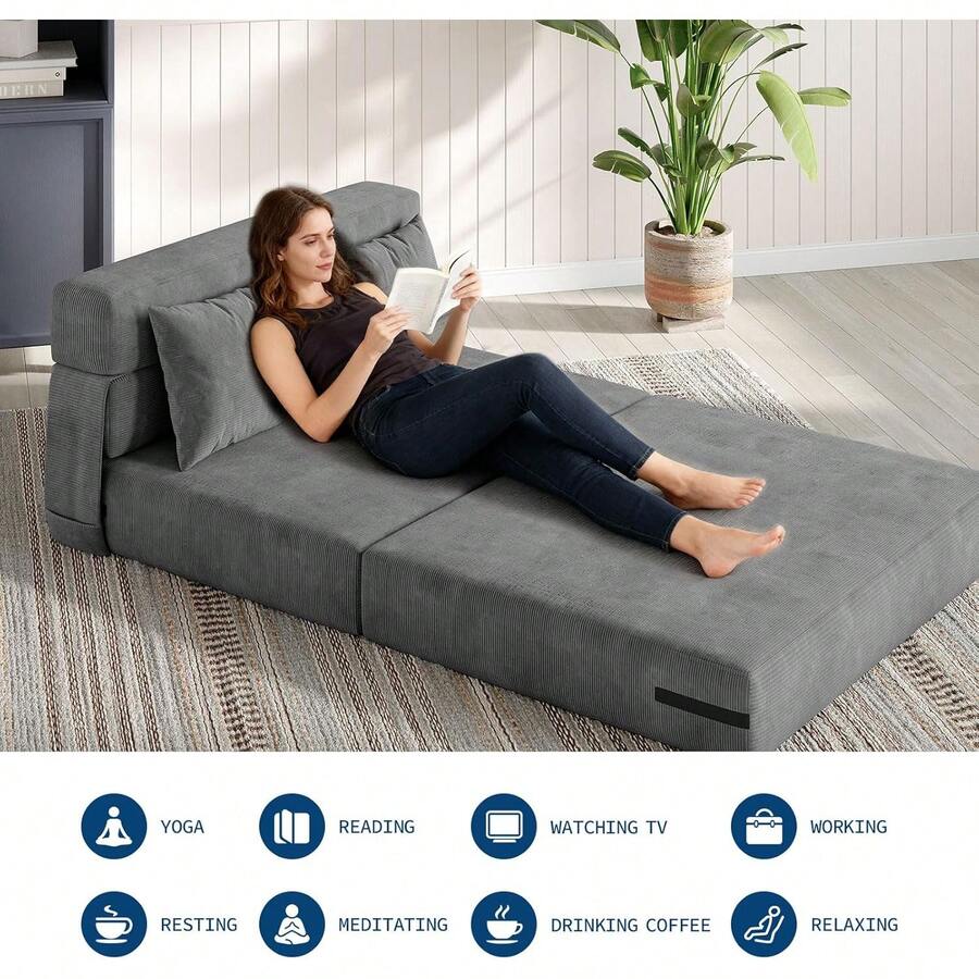 Dragonpad 4-In-1 Folding Sofa Bed Sofa Chair, Convertible Sleeper Corduroy Loveseat With 2 Pillow, Tufted Floor Lounge For Living Room Bedroom Guest Room Dark Grey - 深灰色 - 查看 1
