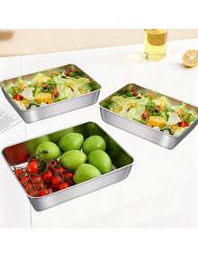 3 件 10.2 英寸带盖不锈钢烤盘，食物储存套装 - 方形，手工盖上，手洗 - 适合准备饭菜和户外野餐