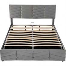 Polsterbett,Doppelbett,Hydraulisches Funktionsbett,Samt,Streifen-Stil,Continentalbett,Höhenverstellbares Kopfteil,140 X 190,Grau - Gray + Velvet + 140cm*190cm - View 6