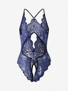 蕾丝开裆性感内衣，带吊袜带的紧身衣，有弹性且时尚，诱人独特，适合外出穿着 - 藏蓝色 - 查看 9