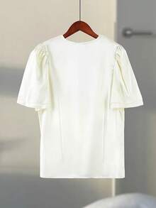 Áo cánh satin thanh lịch gợi cảm dành cho nữ, cổ chữ V tay ngắn, phối ren, buộc dây phía trước, vải dệt trơn có viền ren, cài nút phía trước, thích hợp mặc khi đi nghỉ, mặc hàng ngày, hẹn hò, đi sân bay, xuân/hè - Vàng nhạt - Xem 3