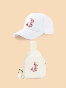 2件套女童白色26字母粉色玫瑰卡车帽套装，时尚可爱轻便遮阳帽，适合作为生日/节日礼物，适合春夏户外活动、登山、上学、玩耍 - 白色 - 查看 6