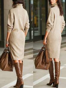 女士优雅经典针织连衣裙，优质针织高领长袖连衣裙，带口袋，时尚休闲中长款针织连衣裙，适合秋冬季穿着 - 杏色 - 查看 3